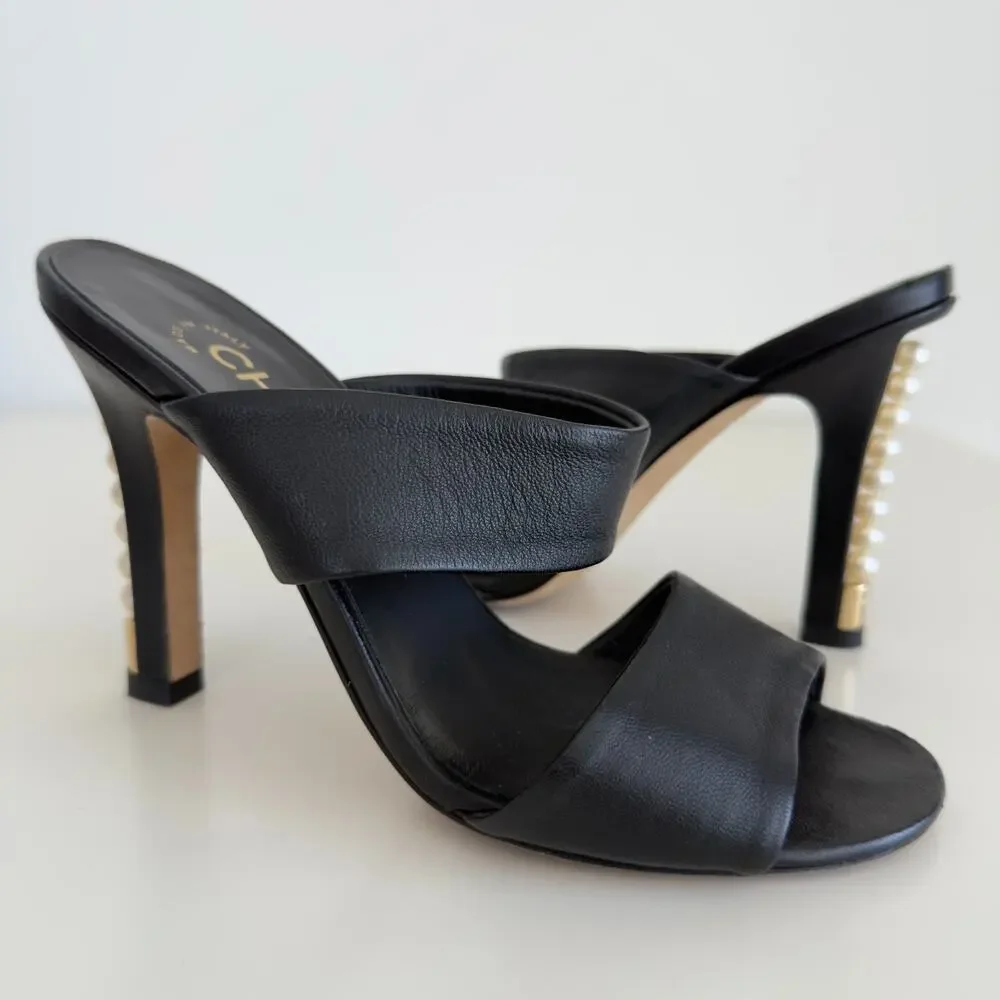 CHANEL‎ Pearl Heel Mules 35 1/2 Black Leather Double Strap Slide Heeled Sandals